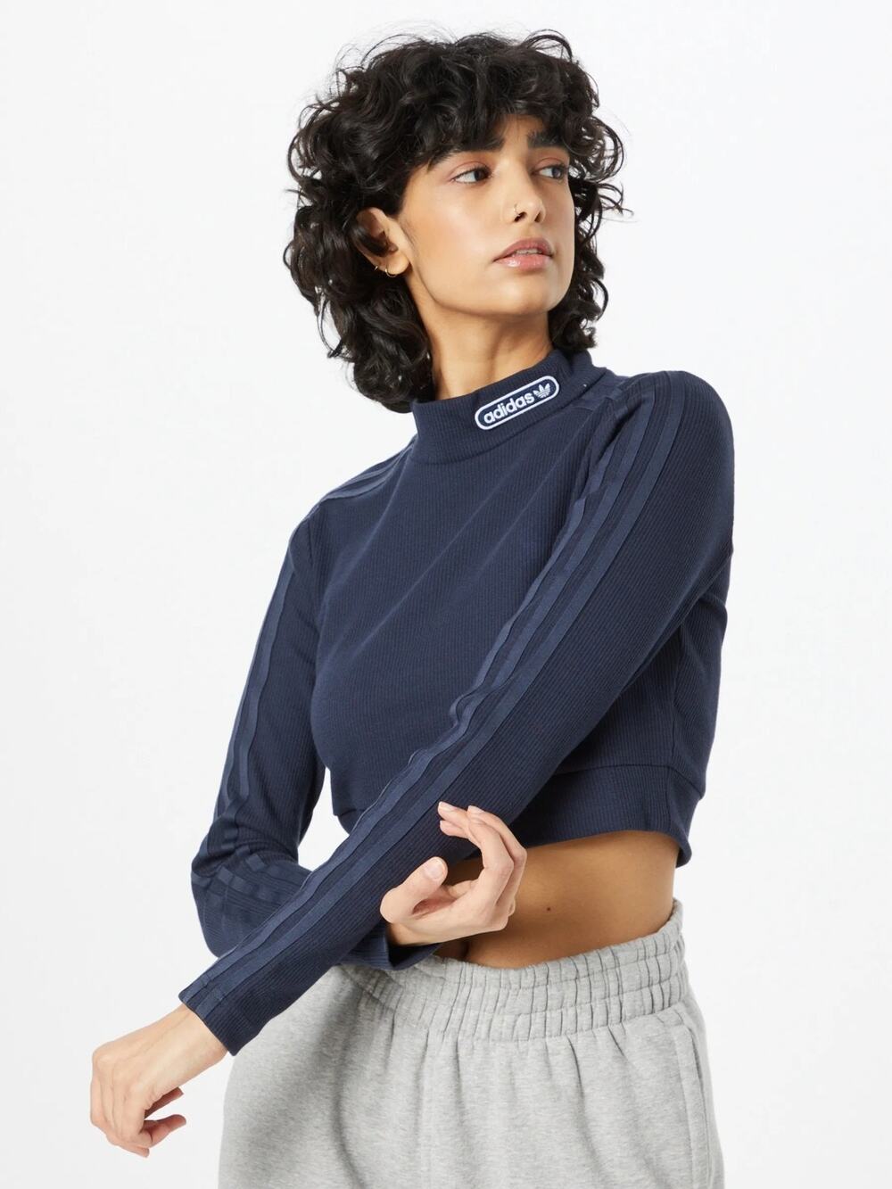 adidas Originals Women's Black Ribbed Cropped Mock Neck Striped Top Size Medium